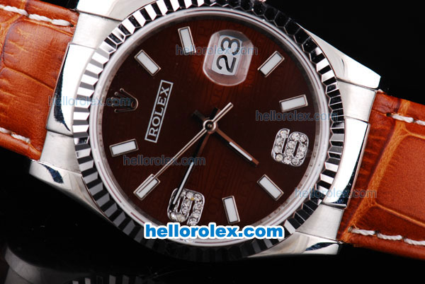 Rolex Datejust Automatic with Dark Red Dial and White Bezel and Case-Diamond Marking-Small Calendar-Brown Leather Strap - Click Image to Close